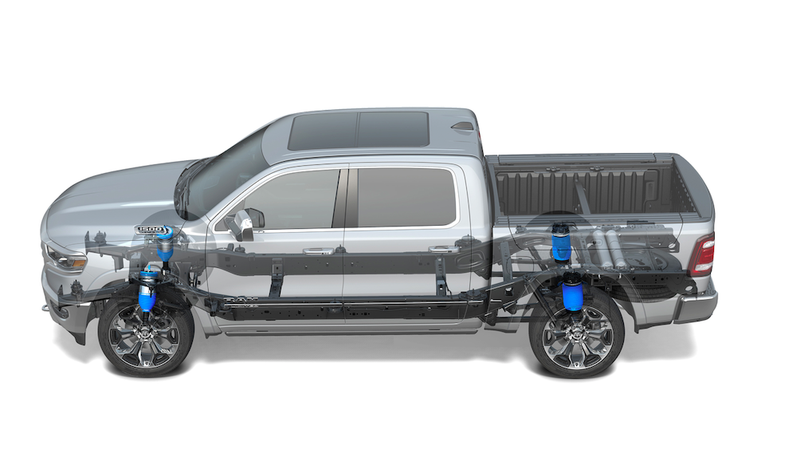 Image: Ram. This shows the air bags for the suspension in blue. The silver tubes behind the rear bags are the air reservoirs.